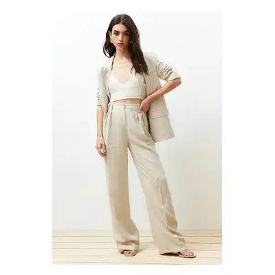 Trendyol Beige Ribbed Wide Leg Cotton Linen Woven Trousers