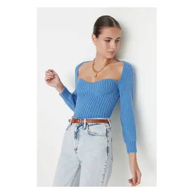 Trendyol Blue Crop Heart Neck Pletený svetr