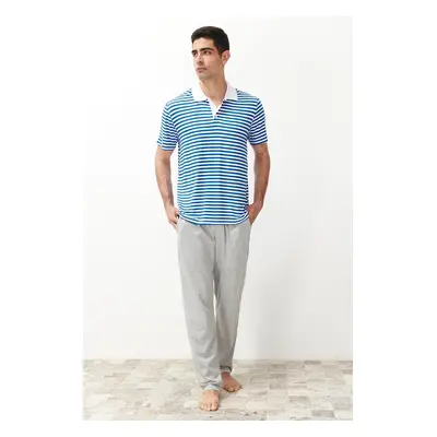 Trendyol Ecru Regular Fit Striped Polo Neck Knitted Pajama Set