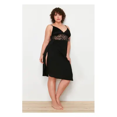 Trendyol Curve Black Lace and Slit Detailed Knitted Nightgown