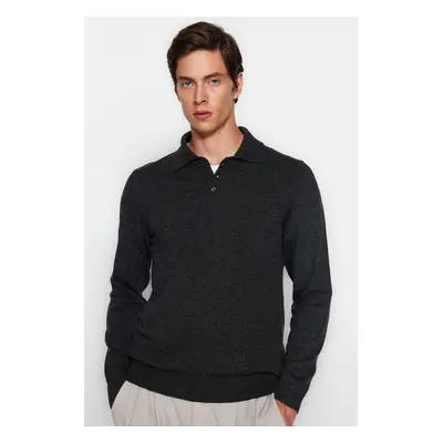 Trendyol Anthracite Slim Fit Wool Polo Collar Buttoned Smart Knitwear Sweater