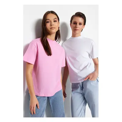 Trendyol Pink-White 2-Pack 100% Cotton Basic Stand Up Collar Knitted T-Shirt