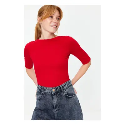 Trendyol Red Fitted/Situated Boat Neck Short Sleeve Cotton Stretch Knitted Blouse