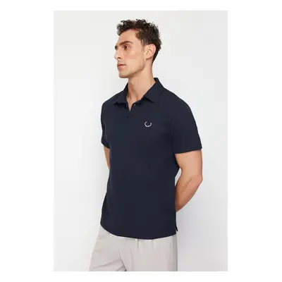 Trendyol Navy Blue Regular Cut Embroidered Textured Polo Neck T-Shirt