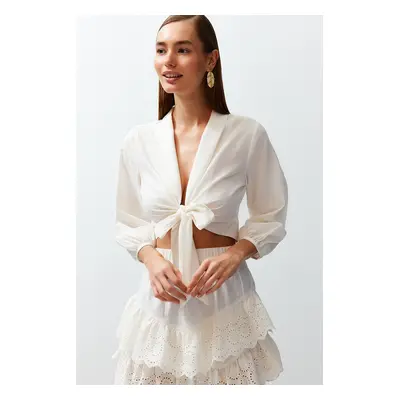 Trendyol White Crop Woven Tie Beach Blouse