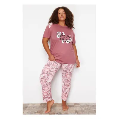 Trendyol Curve Pale Pink Flower Pattern Knitted Pajamas Set