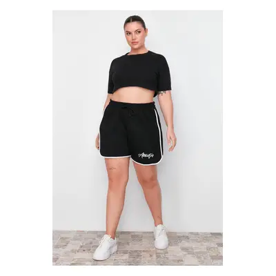 Trendyol Curve Black Slogan Printed Piping Detailed Knitted Plus Size Shorts & Bermuda