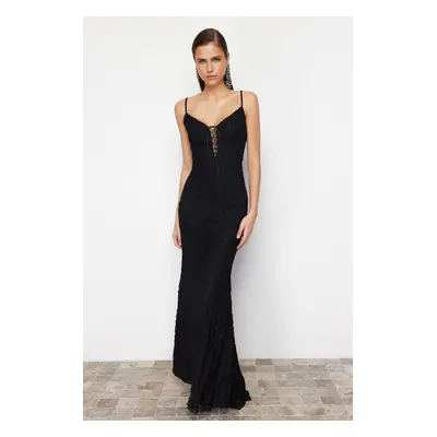 Trendyol Black Lace Detailed Knitted Lace Long Evening Dress