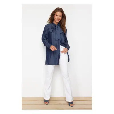 Trendyol Blue Denim Modest Oversize Shirt with Tie Detail