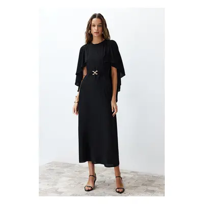 Trendyol Black Belted Cape Detailed Elegant Woven Evening Dress