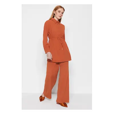 Trendyol Cinnamon Waist Shirred Woven Aerobin Linen Look Shirt-Pants Suit