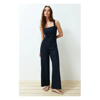 Trendyol Navy Blue Striped Polyviscon Maxi Woven Jumpsuit