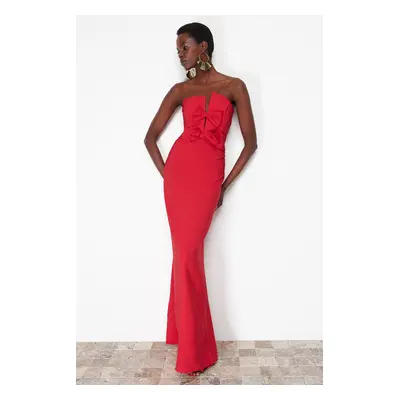 Trendyol Red Bow Detailed Woven Long Elegant Evening Dress