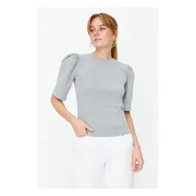 Trendyol Gray Melange Balloon Sleeve Crew Neck Ribbed Flexible Knitted Blouse