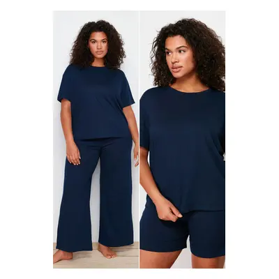 Trendyol Curve Navy Blue Crew Neck 3-Piece Knitted Pajamas Set