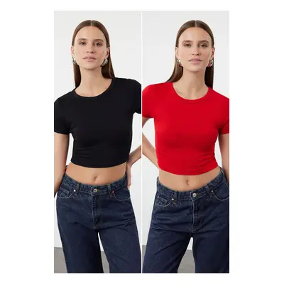 Trendyol Premium Red-Black Pack Crop Viscose/Soft Fabric Stretchy Knitted Blouse