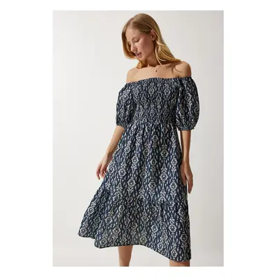 Happiness İstanbul Women's Navy Blue Cream Patterned Summer Woven Dress