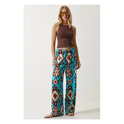 Happiness İstanbul Women's Turquoise Patterned Raw Linen Palazzo Trousers