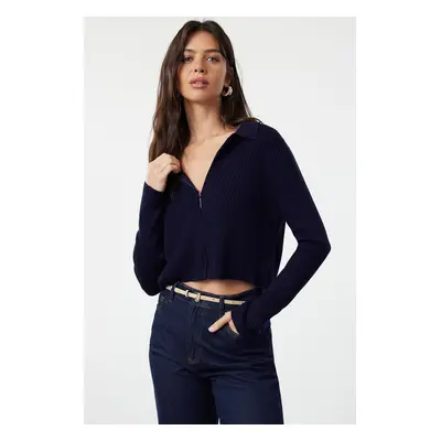 Trendyol Navy Blue Crop Zippered Knitwear Cardigan