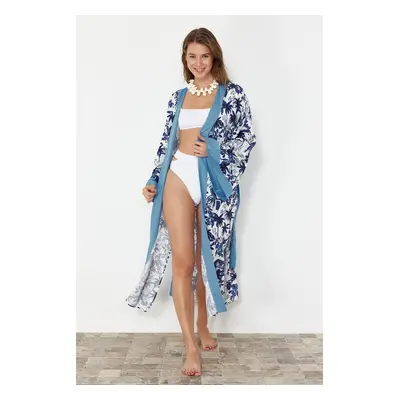 Trendyol Tropical Patterned Belted Maxi Woven Kimono & Kaftan