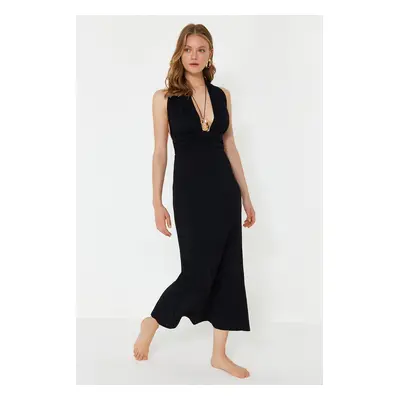 Trendyol Black Maxi Woven Back Low-cut Linen Blended Beach Dress