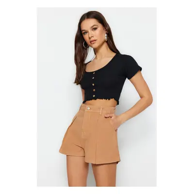 Trendyol Camel Pleated High Waist Denim Shorts