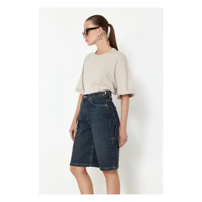 Trendyol Dark Blue Waist Detailed High Waist Denim Bermuda