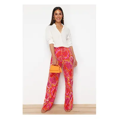 Trendyol Pink Wide Leg Patterned Woven Trousers with Elastic Waist Tie Detail