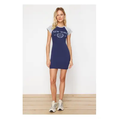 Trendyol Navy Blue Slogan Printed Fitted Short Sleeve Knitted Mini Stretch Dress