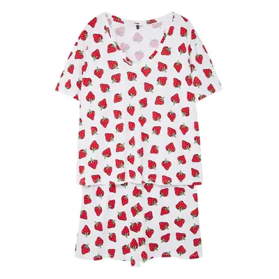 Trendyol Curve White Strawberry Patterned V-Neck Knitted Pajama Set