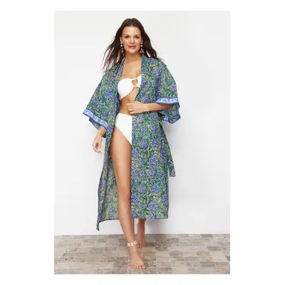 Trendyol Floral Patterned Belted Maxi Woven Ribbon Accessory Beach Kimono&Caftan