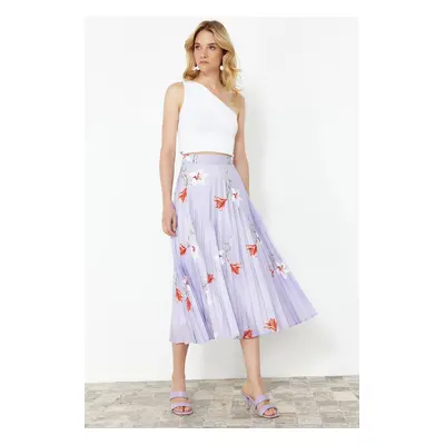 Trendyol Lilac Flower Patterned Pleated Satin Fabric Maxi Length Woven Skirt