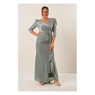 By Saygı Three Quarter-Centural Voluminous Sleeves Lined, Silvery Plus Size Long Dress