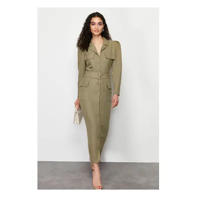 Trendyol Khaki Belted Linen Look Woven Shirt Dress