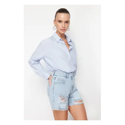 Trendyol Blue Ripped High Waist Denim Shorts