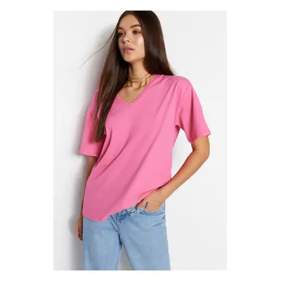 Trendyol Pink 100% Cotton Oversize/Wide Fit V-Neck Knitted T-Shirt