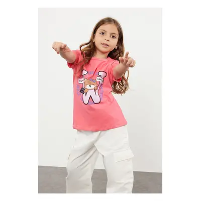 Trendyol Fuchsia Girl's Slogan Teddy Bear Patterned Short Sleeve Knitted T-Shirt