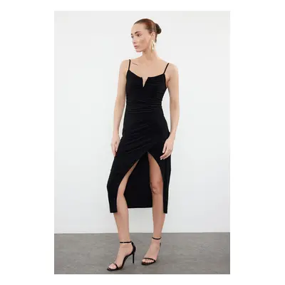 Trendyol Black Strap Slit Gathered Cutout V-Neck Detailed Flexible Knitted Midi Pencil Dress