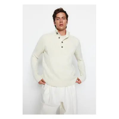 Trendyol Ecru Unisex Fit Wool Half Turtleneck Buttoned Knitwear Sweater