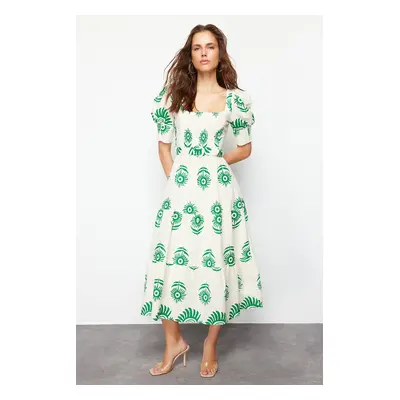 Trendyol Green Patterned Square Neck Linen Look Belted Midi Woven Dress