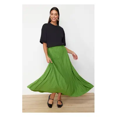 Trendyol Green Pleated Knitted Long Skirt