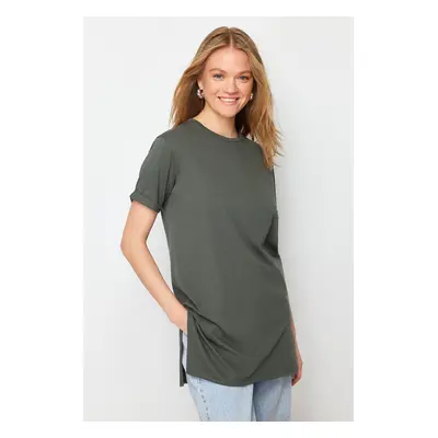 Trendyol Black-Khaki 2-Pack Slit Detailed Crew Neck Short Sleeve Basic Knitted T-Shirt