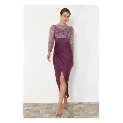 Trendyol Lilac Sequin Knitted Tulle Long Elegant Evening Dress