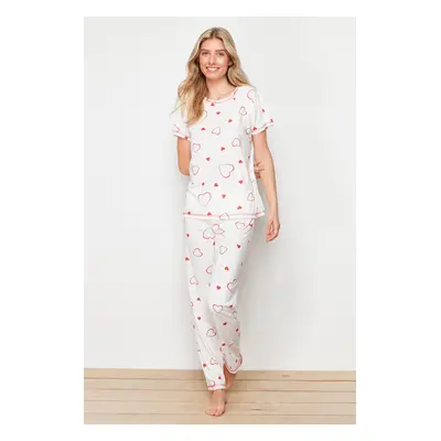 Trendyol White-Red Heart Knitted Pajamas Set