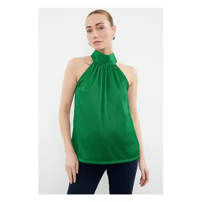 Trendyol Green High Collar Regular/Normal Pattern Pleated Knitted Blouse