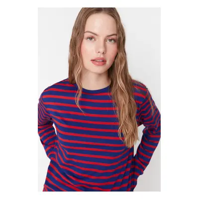 Trendyol Red-Navy Blue Striped Regular/Normal Pattern Basic Crew Neck Knitted T-Shirt