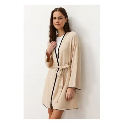 Trendyol Beige Belted Baby Overlock Detailed Knitted Dressing Gown