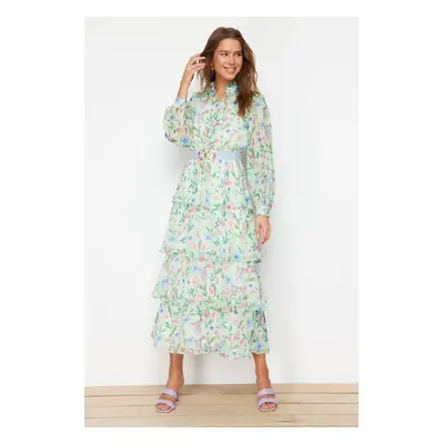 Trendyol Green Belt Lined Chiffon Floral Woven Dress