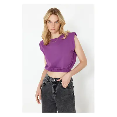 Trendyol Purple 100% Cotton Padded Crop Crew Neck Knitted T-Shirt