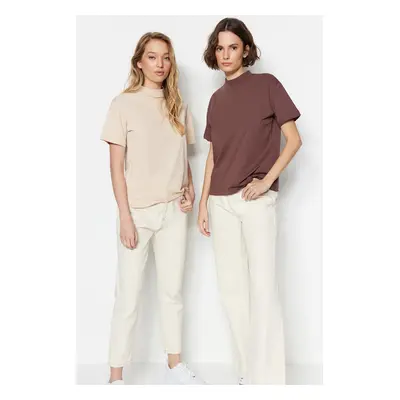 Trendyol Brown-Beige 2-Pack 100% Cotton Basic Stand Up Collar Knitted T-Shirt